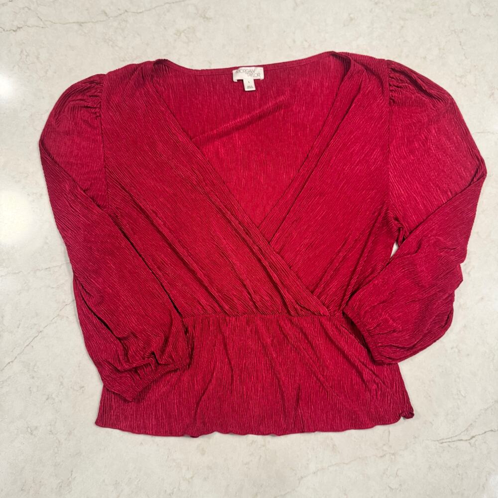 Red Crinkle Plissé Peplum Blouse Surplice Bishop Sleeve Party Large Coquette - Picture 10 of 15